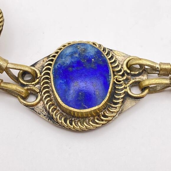 Vintage Afghan Artisan Lapis Lazuli Bracelet Alpaca Silver Chain Link - 7 1/2" - Picture 2 of 8